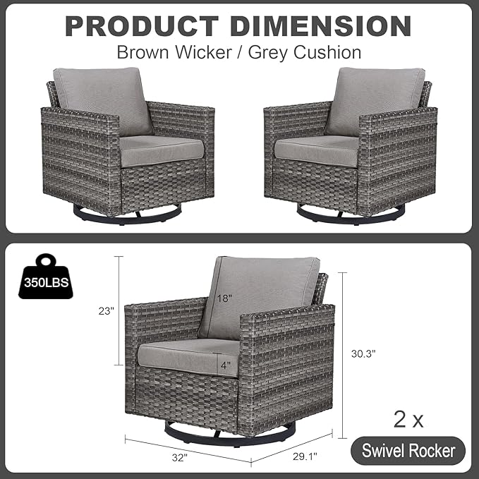 Luxury Outdoor Swivel Rocker Patio Chairs Set of 2, Swivel Patio Chairs for Porch, Yard, Deck, Poolside, Grey/Grey