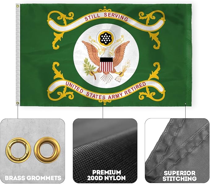 AGAS Large US Army Retired Flag 4x6 Ft - Printed 200 Denier Outdoor Nylon - Double Stitched Edges Canvas Header Brass Grommets - Big Size United States Army Retired Flag