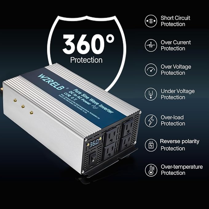 WZRELB 1800W Pure Sine Wave Inverter 36V DC to 110V 120V AC,Car Power Inverter with 4 AC Outlets, LED Display,Off-Grid Portable Power Converter for Home, RV, Truck, Camping