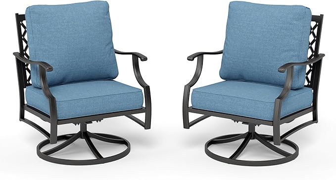 HERA'S HOUSE Outdoor Chairs Set of 2, 2 x Patio Chair with Navy Blue Cushions, All Weather Outdoor Furniture for Lawn Garden Backyard Deck(Swivel Chairs)