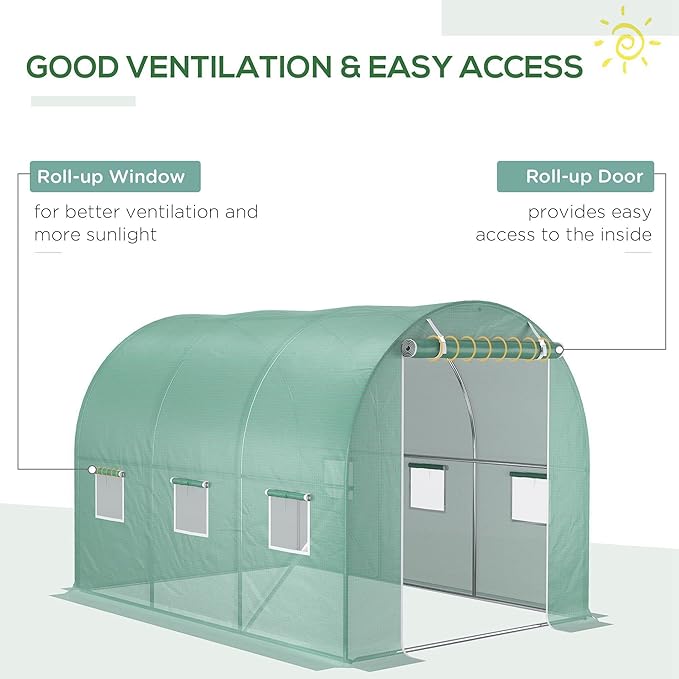 Outsunny 9.8' x 6.6' x 6.6' Plastic Greenhouse Cover Replacement, Heavy Duty Waterproof Tarp for Hoop House, Sheeting with 6 Windows, Door & Reinforcement Grid, Green