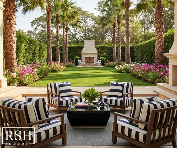 RSH Décor: Set of 4 Square and Lumbar Accent Pillows | Indoor/Outdoor All Weather Polyester Fabric | Reversible | 17” x 17” & 20" x 12" | Black & White Stripe