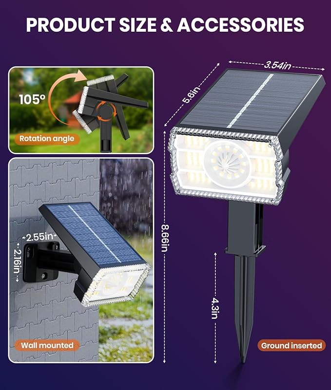 1-Pack Solar Color Changing Lights Outdoor Waterproof,6 Dynamic Hues&2 Modes IP67 Weatherproof,105° Adjustable Solar Spotlights for Pathway/Garden/Patio/Backyard Decor,Dusk to Dawn Auto On/Off