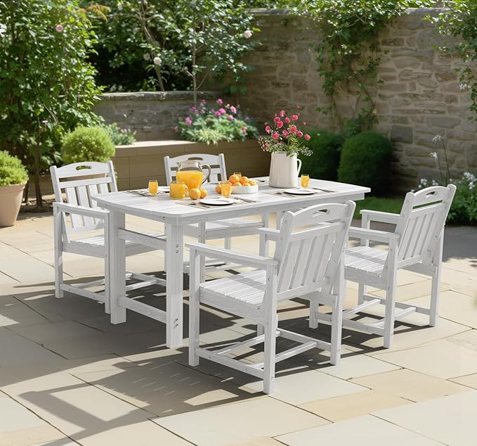 Ciokea HDPE Outdoor Dining Set 5-Piece Patio Table and Chairs with Umbrella Hole, All-Weather Patio Dining Set for 4, Durable Patio Furniture Set for Backyard, Garden, Lawn & Poolside, White