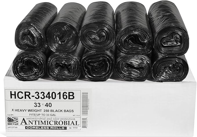 Aluf Plastics High Density Trash Bags, 33 Gallon, 250 Count, 16 Micron (eq), 33" x 40", Black, for Bathroom, Office, Industrial, Commercial, Janitorial, Municipal, Recycling