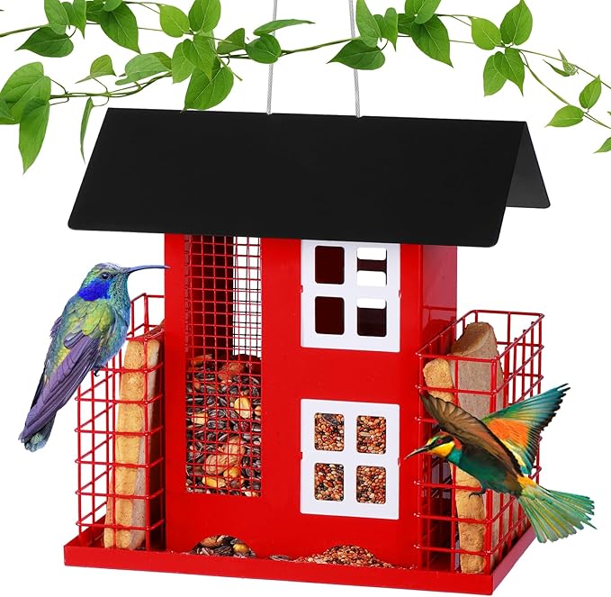 Metal Bird Feeders for Outdoors Hanging with 2 Suet Cage Cake Squirrel Proof Hanging Suet Feeder Large Capacity Wild Bird Feeder Easy Clean&Anti-Rust Attracting Birdhouse Red