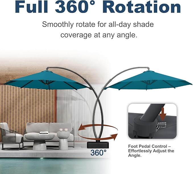 11FT Cantilever Umbrella with Base Large Curvy Outdoor Aluminum Offset Umbrella w/ 360° Rotation, UV Resistant Canopy for Patio, Garden, Backyard, Lake Blue