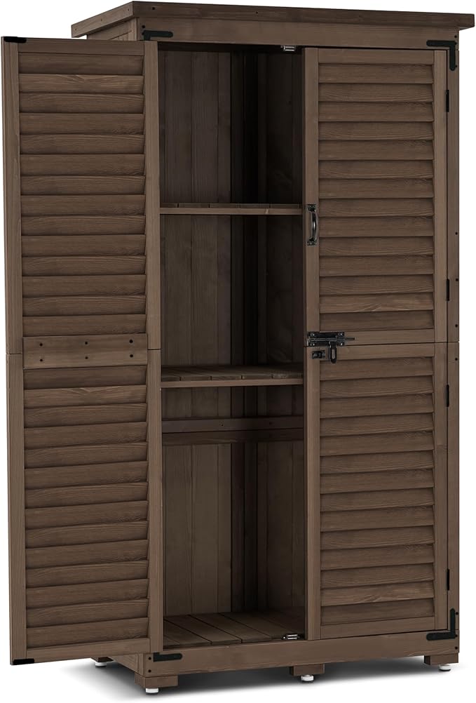 MCombo Outdoor Storage Cabinet, Garden Storage Shed, Outside Vertical Shed with Lockers, Outdoor 63 Inches Wood Tall Cabinet for Yard and Patio 0870 (Brown)