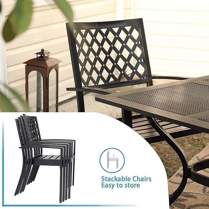 PHI VILLA Patio Dining Set 7 Pcs 1 Metal Dining Table and 6 Patio Stackable Chairs for Outdoor Backyard Bistro Furniture Set