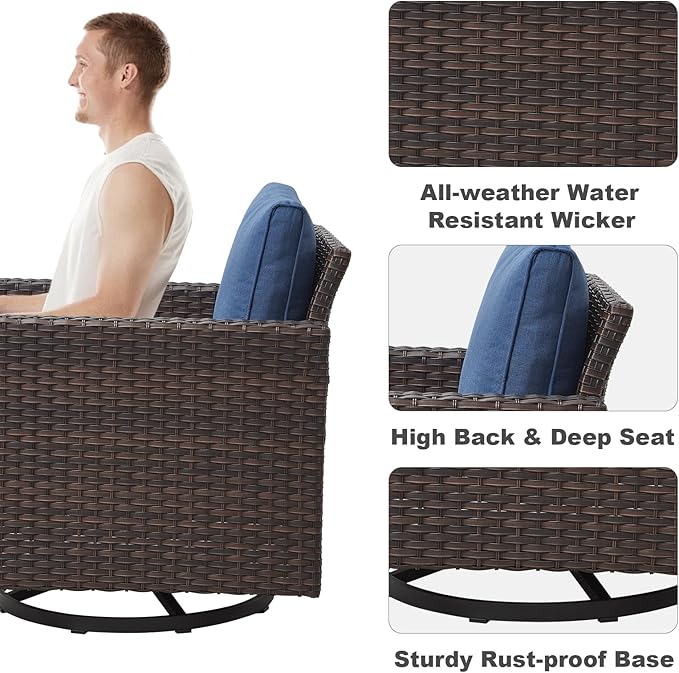 Outdoor Swivel Rocker Patio Chairs ： Swivel Patio Chairs Set of 3 Patio Swivel Chairs Patio Swivel Rocker Chair with Wide Wicker Armrests, Brown / Blue