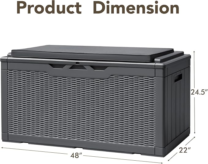 Devoko 100 Gallon Deck Box, Waterproof Resin Outdoor Storage Box with Cushion for Outside and Patio, Large Outdoor Storage Bench Cabinet Lockable for Patio Furniture and Garden Tools (Gray)