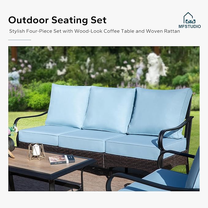 MFSTUDIO 4 Pieces Outdoor Patio Furniture Set, Metal Outdoor Conversation Set, Rattan Wicker Patio Sectional with 2 x Swivel Single Sofa, 3-Seat Sofa, 1 x Coffee Table, Blue