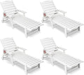 Patio Chaise Lounge Chair Set of 4, HDPE Outdoor Lounge Chairs with 5-Position Adjustable Backrest, Cup Holder and Wheels, 450lbs Capacity for Poolside Deck Backyard, All Weather Material(White)