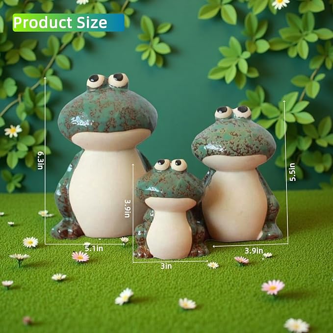 Frog Statues for Garden, Ceramic Frog Garden Decor for Outside, Cute Outdoor Yard Decorations Set of 3, Yard Decorations Gifts for Women, Mom, Grandma, Family and Friends (Green)