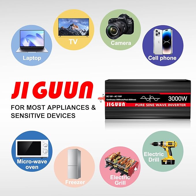 JIGUUN 3000 Watt Pure Sine Wave Inverter, Power Converter 12V DC to 110v/120v AC, Car Inverter with 4 AC Outlets& USB Port Remote Control for RV Camping Truck.