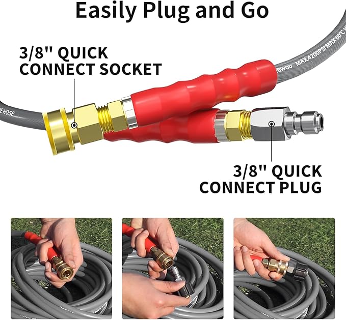 Pressure Washer Hose 200FT, 4200PSI 1/4 Inch Kink Resistant Power Washer Extension Hose, Flexible Heavy Duty Replacement Hose, Compatible with M22 14mm Fittings, High Tensile Wire Braid