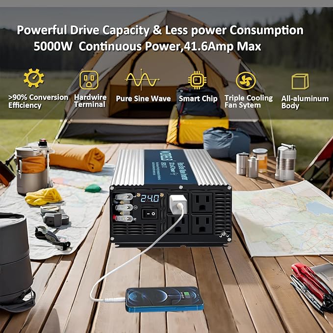 WZRELB 5000W Pure Sine Wave Inverter 24V DC to 110V 120V AC Power Converter with LED Display, Hardwire Terminal,Off-Grid Portable Power Inverter with 4 AC Outlets for Home, RV, Truck, Camping