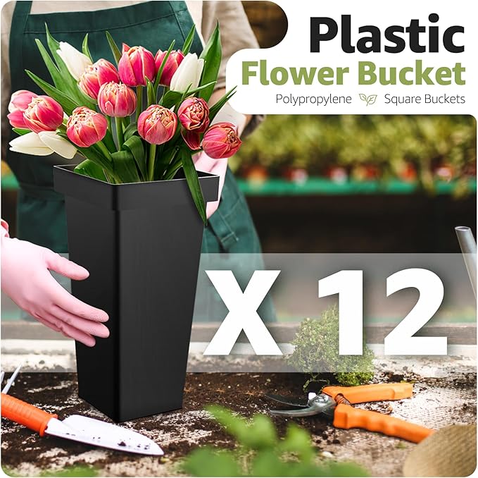 Flower Display Stand 3 Layers with 12 PCS Round Buckets, Plant Stand with Wheels, Movable Metal Plant Stand for Terrace Garden, Living Room, Florist Shop