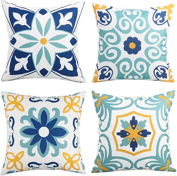 Outdoor Waterproof Throw Pillow Covers Set of 4 Floral Printed and Boho Farmhouse Outdoor Pillow Covers for Patio Funiture Garden 20x20 Inch Blue