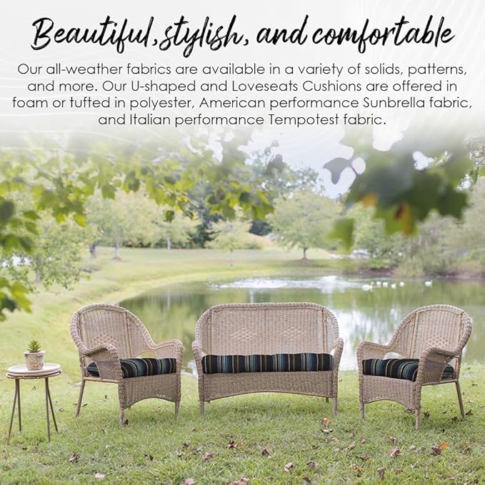 RSH DECOR: Tufted U-Shapes & Lumbars 2 of Each | 22" x 22” & 20" x 12" | Water-Resistant Spun Fabric | Outdoor Wicker Cushions & Support Pillows for Patio Furniture | Black