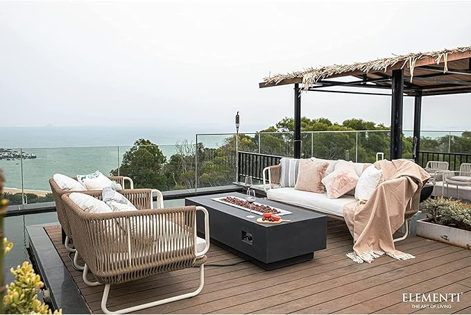 Elementi Granville Gas Fire Pit Bundle Concrete Fire Table, Outdoor Fire Pit Electronic Ignition | Canvas Cover, Lava Rock Included | Free AMS Wind Guard | Dark Gray (Propane Gas)
