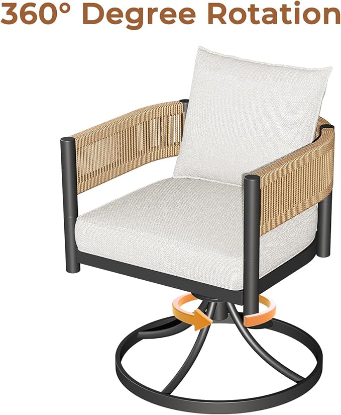Grand patio Outdoor Dining Chair Set of 2, 2 Pieces Patio Dining Chairs, Metal Woven Wicker Swivel Patio Chairs with Light Beige Cushions for Backyard, Deck, Garden, Porch, Lawn and Poolside (Natural)