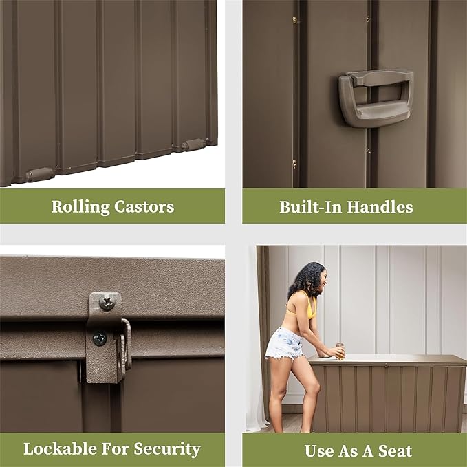 LANTRO JS 150 Gallon Metal Deck Box, Outdoor Storage Box Waterproof with Wheels, Lockable Storage Container for Patio Furniture Cushions Garden Tools, Dark Brown