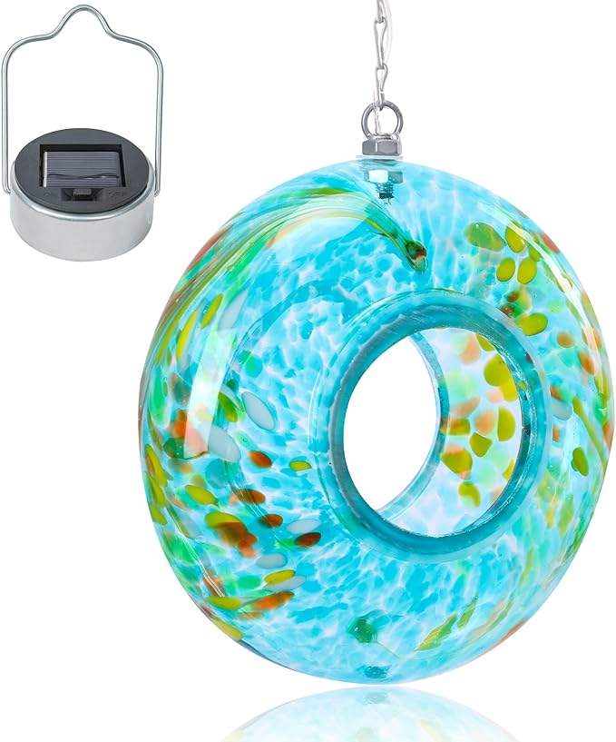 VCUTEKA Bird Feeder Solar Fly Through Bird Feeders for Outside Hanging with Round Shape Glass Container to Attract Wild Birds for Garden Decor, Blue 8"