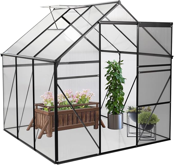 6x6 FT Polycarbonate Greenhouse with Sliding Door and Adjustable Roof, Heavy Duty Aluminum Walk-in Greenhouses w/ Raised Base for Outdoor Garden Backyard,Black
