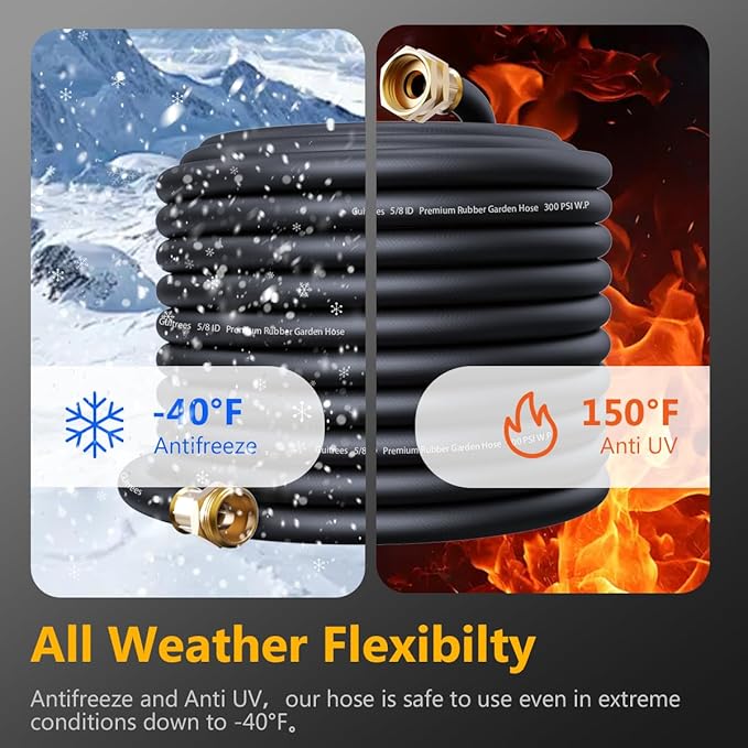 150FT 5/8 Heavy Duty Rubber Garden Hose - 200psi Working, 1000psi Burst - Hot/Cold Water - Five-Layered Braiding for Durability - Versatile for Gardening, Agriculture, Construction(Black)