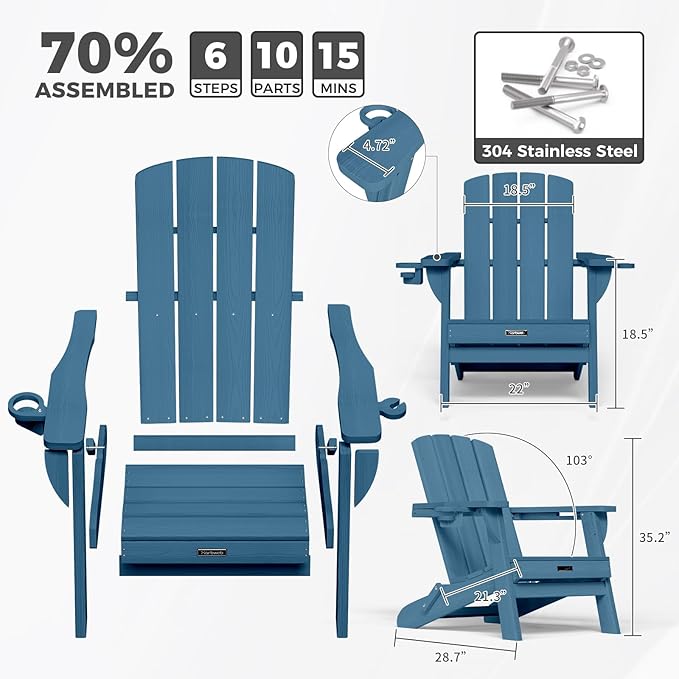 Folding Adirondack Chair Wood Texture 2 Pack, HDPE All-Weather Fire Pit Chairs, Plastic Adirondack Chairs with 2 Cup Holder, Outdoor Lawn Chair for Patio Garden (Navy Blue)