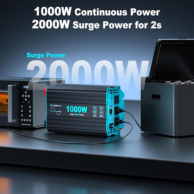 1000 Watt Pure Sine Wave Inverter, Power Inverter for Car, Camping, Solar, RV, Truck, Home, 12V DC to 120V AC Inverters with 3 AC Outlet, 30W USB-C, 5V 3.1A USB, Remote Control, Surge 2000W