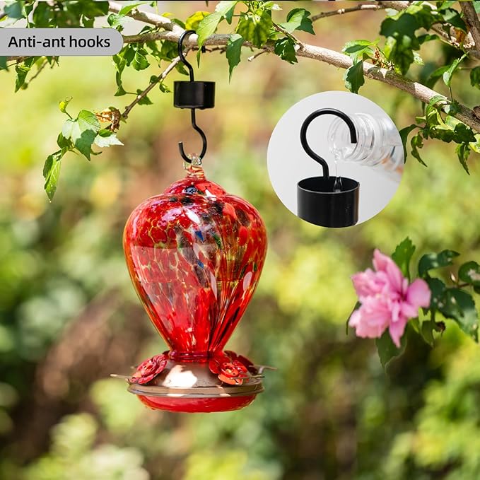 2 Packs Hummingbird Feeder for Outdoors Hanging Ant and Bee Proof, 34OZ 32OZ Hand Blown Glass Hummingbird Feeders for Outside (Red & Blue)