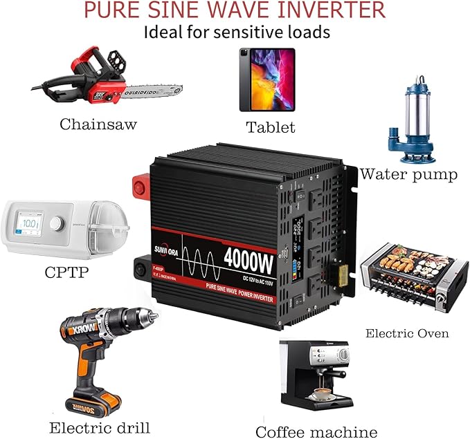 4000 Watt Pure Sine Wave Power Inverter with LCD 12V DC to 110V/120V AC Peak Power 8000W Car Power Inverter with 4 AC Outlets & 1 USB Port & Remote Control for Truck RV Car Solar System