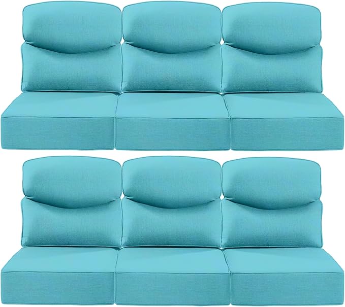 Luxury 22x24/22x25 6-Inch Smile Patio Cushions for Outdoor Furniture Set of 6 - Thick Back & Deep Seat Outside Chair Cushions for Rattan Glider Loveseat Sectional Sofa - Turquoise