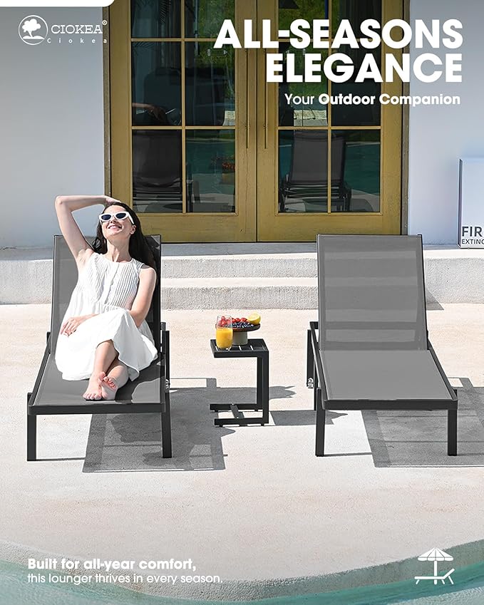 Patio Chaise Lounge Chair Set of 2, Outdoor Lounge Chairs with Wheels, 5-Position Adjustable Sun Loungers for Pool, Deck, Beach,Grey