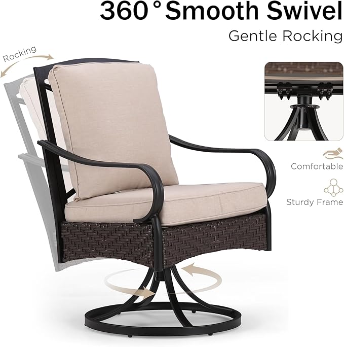 PHI VILLA Patio Swivel Chairs Set of 2, Heavy Duty Outdoor Metal Wicker Dining Chair with Thickened Cushions, Large All Weather Wrought Iron Deck Chair Lawn Furniture Support 300lbs