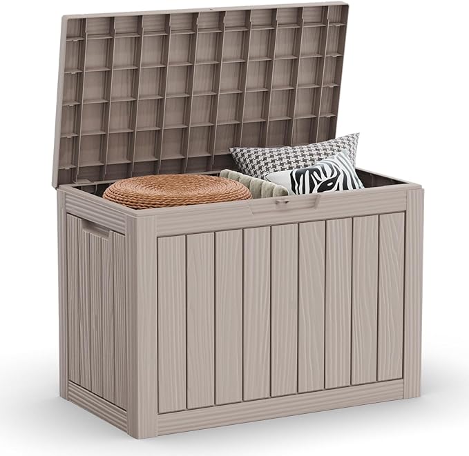 45 Gallon Waterproof Large Resin Deck Box Indoor/Outdoor Lockable Storage Container and Seating for Garden, Pool, and Patio (45 Gallon, Grey)