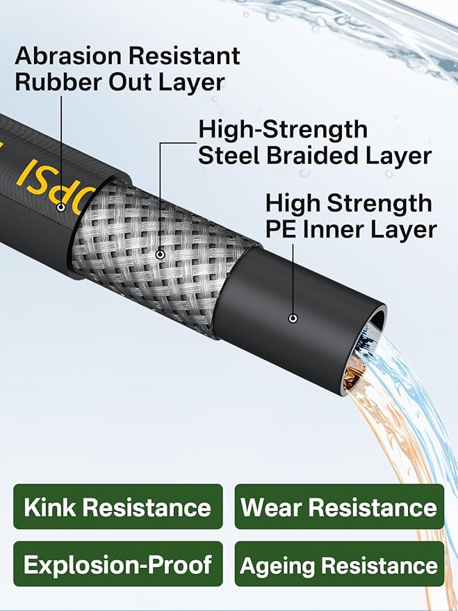 4200PSI Pressure Washer Hose 200FT with 3/8" Swivel Quick Connect for Cold/Hot Water, Kink Resistant Steel Wire Braided, Wear Resistant Power Washer Hose with 2 M22 14mm Adapter Set