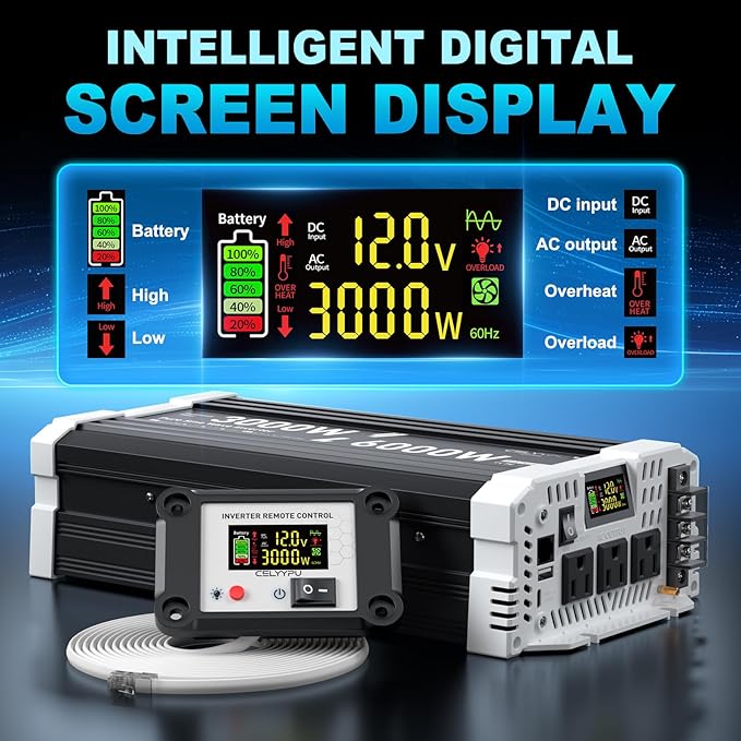3000 watt Pure sine Wave Inverter, 12V DC to 110V AC Power Inverter, Used for Solar Emergency Power Supply in RV Homes, with 3 AC Output sockets, USB Port, Type-C Port, Remote Control with LCD Screen