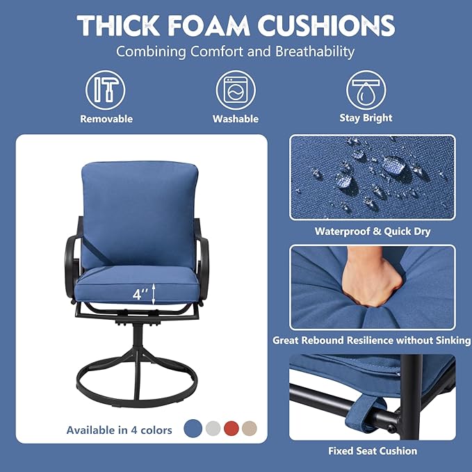 MELLCOM Patio Swivel Chair Set of 8, Heavy Duty Outdoor Dining Chairs with Thickened Cushions, Metal Patio Chairs Gentle Rocker for Outside, Garden Lawn & Porch, Backyard, Blue
