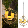 SUNNYPARK Battery Operated Outdoor Candle Chandelier - Gold and Black Metal Globe Hanging Pendant Light with 3 Flameless Candles, 12.6" Waterproof Lights for Gazebo, Pergola, Garden, Porch & Backyard