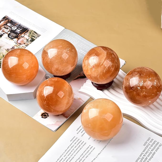 JIC Gem Healing Crystal Ball Stripe Orange Calcite Sphere Ball Decorative Ball with Wood Stand for Fengshui and Decoration (90-100mm)