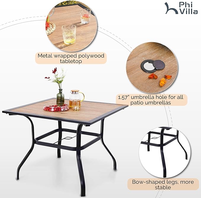 PHI VILLA Metal Outdoor Patio Dining Chairs and 37"x37" Wood-Like Square Table Furniture Set of 5
