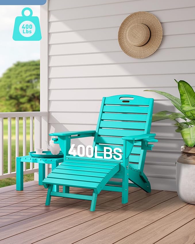 Folding Adirondack Chairs Set of 4,Adirondack Chair with Retractable Ottoman,Plastic Adirondack Chairs with 2 Cup Holder,Weather Resistant Patio Chair,Outdoor Chairs Set of 4(Lake Blue)