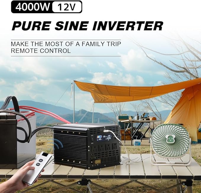 4000 Watt Pure Sine Wave Power Inverter with LCD 12V DC to 110V/120V AC Peak Power 8000W Car Power Inverter with 4 AC Outlets & 1 USB Port & Remote Control for Truck RV Car Solar System