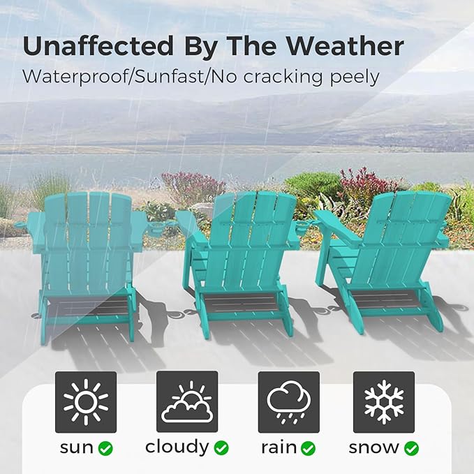 Folding Adirondack Chair Wood Texture 6 Pack, HDPE All-Weather Fire Pit Chairs, Plastic Adirondack Chairs with 2 Cup Holder, Outdoor Lawn Chair for Patio Garden (Lake Blue)
