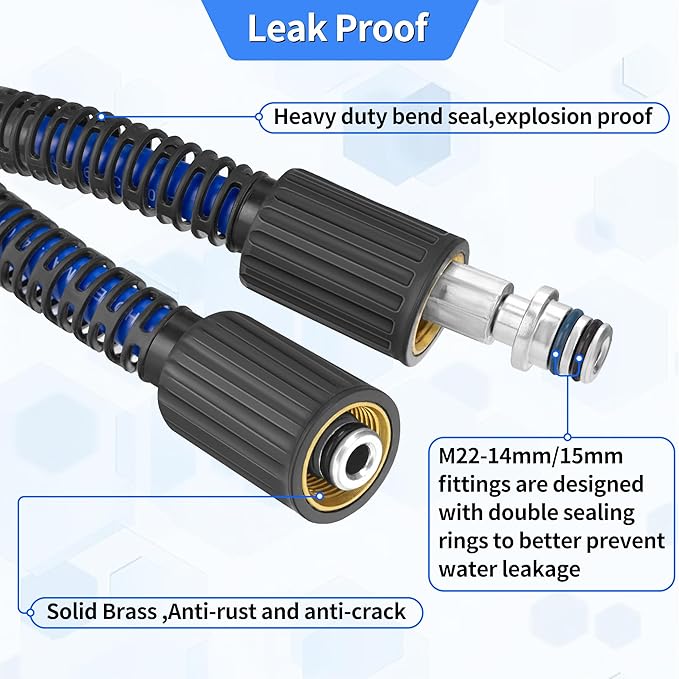 Pressure Power Washer Hose 50 FT x 1/4", Super Flexible Kink Resistant Car Washer Replacement with M22 Fittings & 3/8" Quick Connect Adapters for Ryobi Troy Bilt Flexzilla Greenworks & More, 4200PSI