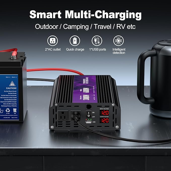 3000W Power Inverter,Peak Power 6000W 12V DC to AC 110V120V,Remote Control with 2AC Outlets and 2.4USB Port,LCD Display for Power Converter,Outdoor Activities,Emergency,Vehicles Truck RV Solar System