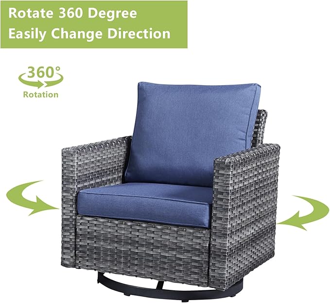 Wicker Outdoor Patio Furniture Set - 6 Piece Patio Conversation Set with 2 Swivel Rocker Chairs,2 Rattan Ottoman,1 Couch and 1 Metal Coffee Table for Outside Porch Deck Backyard(Mixed Grey/Blue)